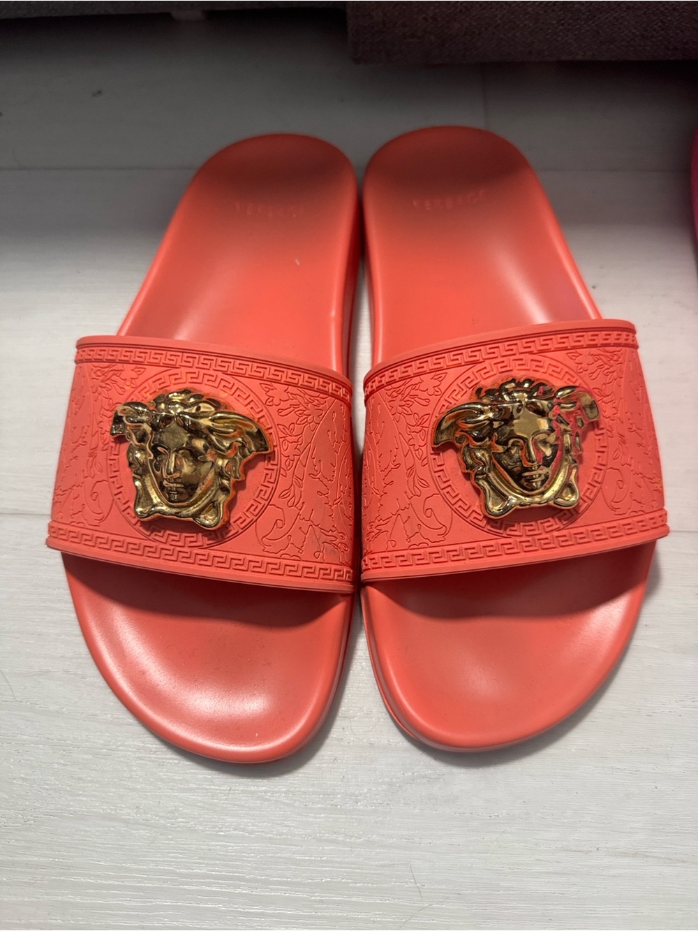 Versace Coral-Red Medusa Slide Sandals with Gold Emblem